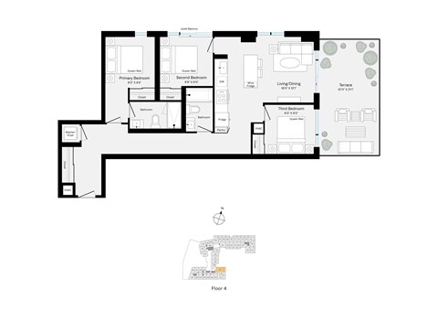 Floor plan for 3 beds, 2 baths, 1008 sqft